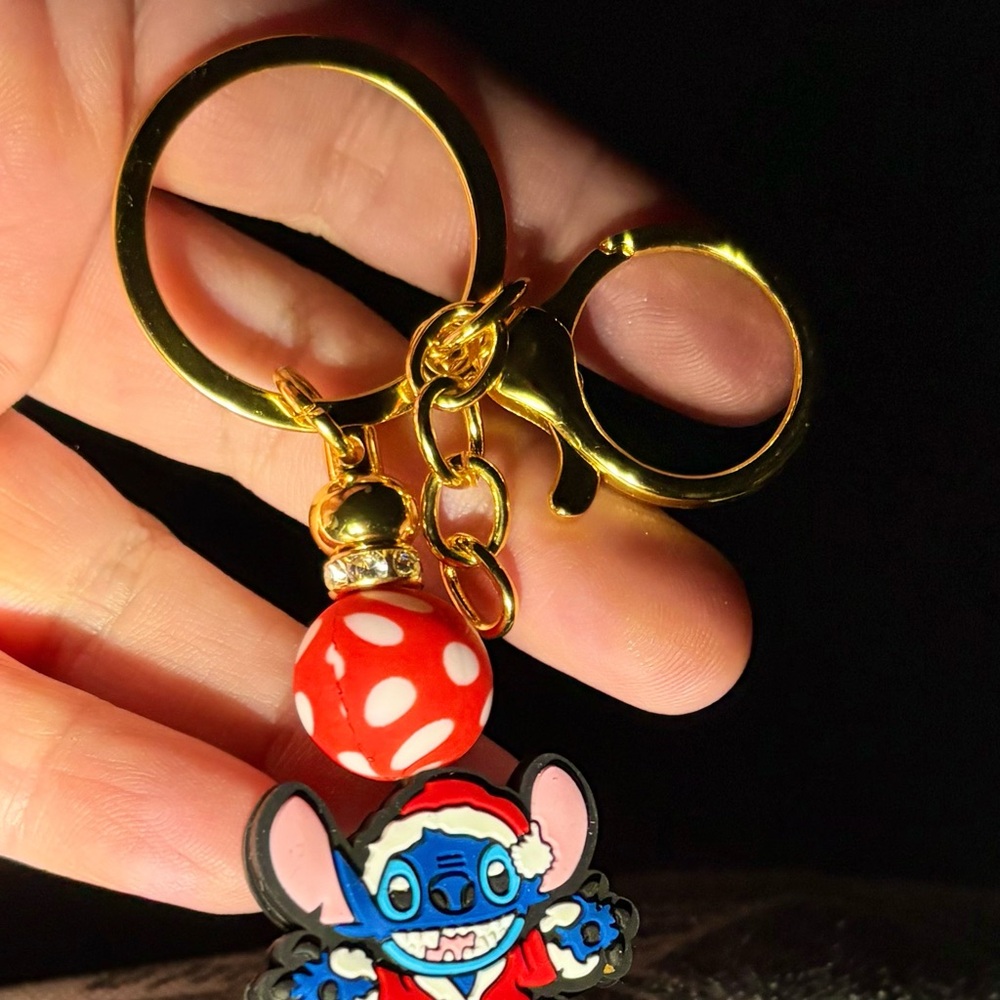 Stitch Christmas Keychain with Gold Accents